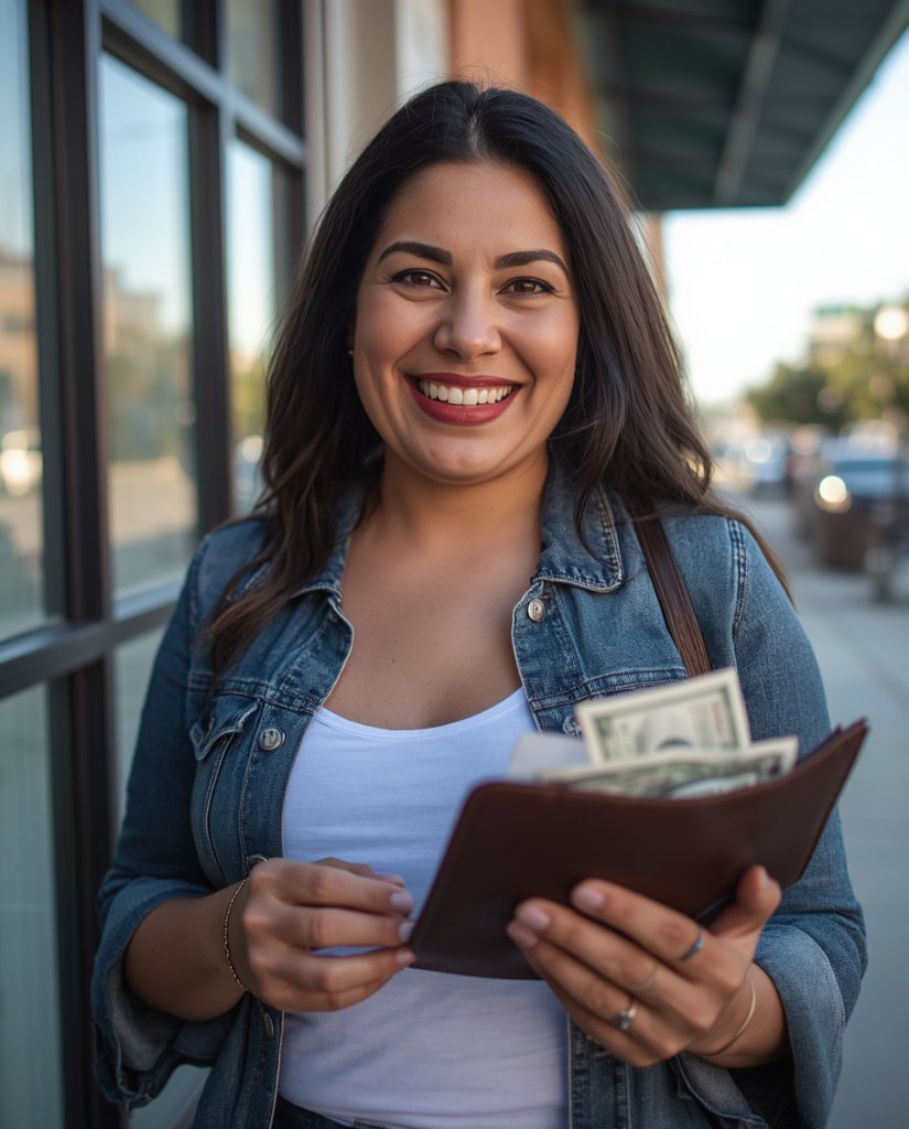 Happy Latina woman holding her cash